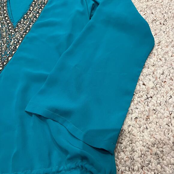Boston Proper Teal Sheer Tunic Sz L Beaded Embellished Neckline Casual Boho - Picture 5 of 8